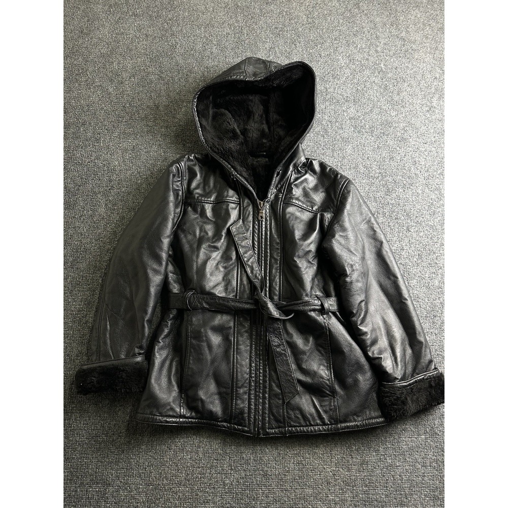 Womens Wilsons Leather Hooded Shearling Leather Coat Black, Size M